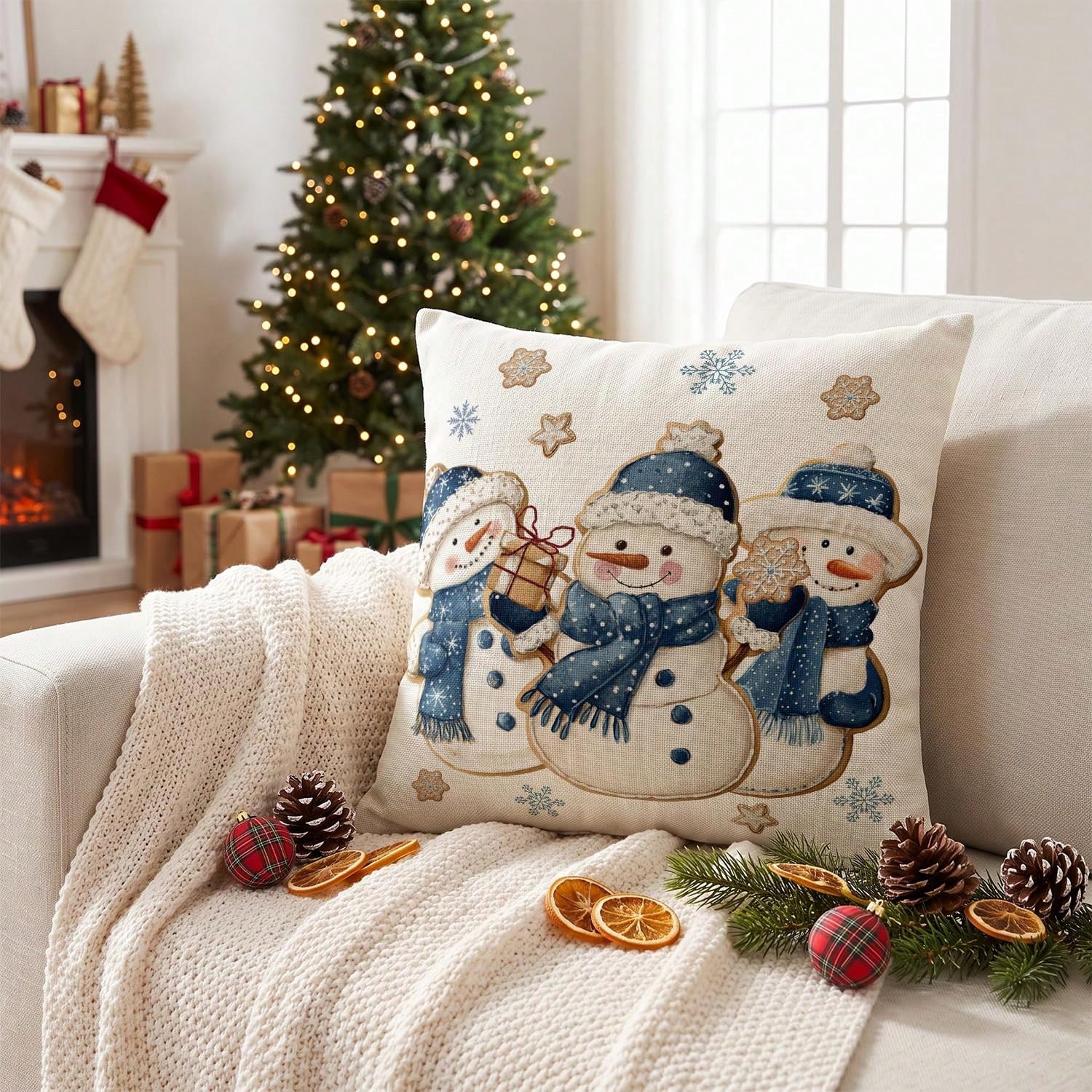 겨울 테마 눈사람, 눈꽃, 쿠키, 별, 파란색 스카프, - Pillow Insert 18X18 리뷰 및 가격